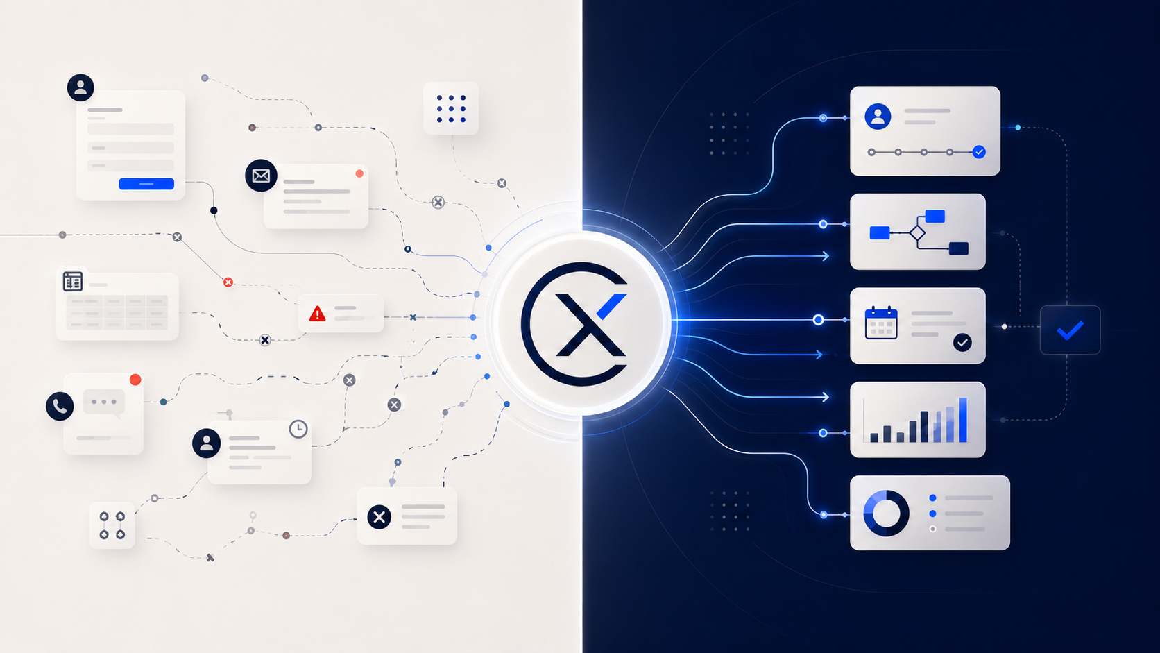Before OMNILYX: scattered forms, alerts and disconnected tools. After OMNILYX: one connected system with pipelines, calendars, and dashboards routed through a single hub.